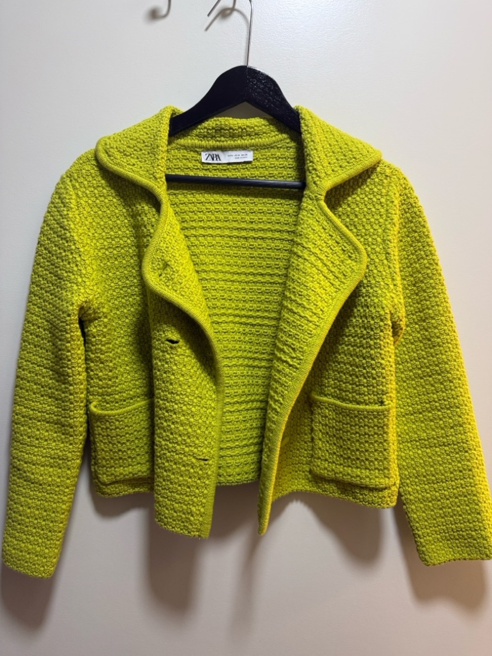 Zara Bright Chartreuse Knit Cropped Blazer Jacket